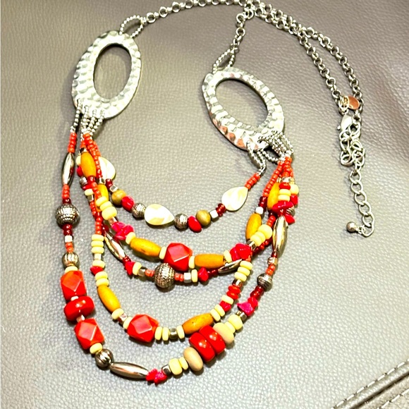 Chico's Red and Orange Beaded Necklace with Silver Accents 0776 P - Picture 1 of 13